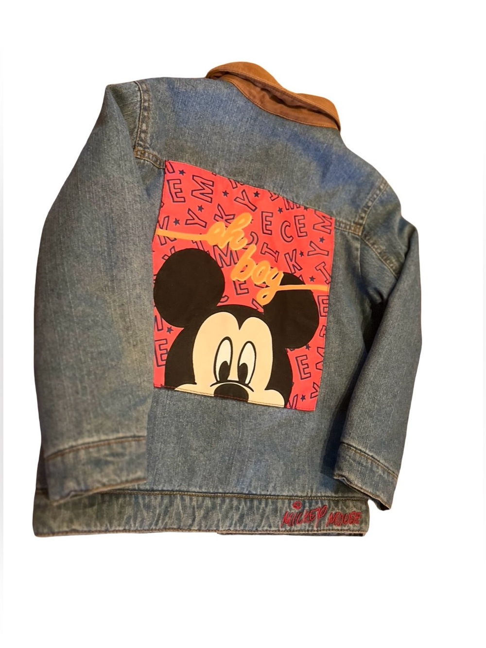 Zara Kids Disney Mickey Oh Boy Graphic Sherpa Denim Jean Trucker Jacket Sz 4-5